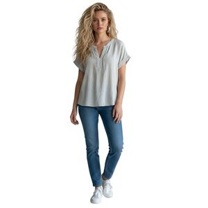 Light Green V-Neck Blouse with Cuffed Sleeves